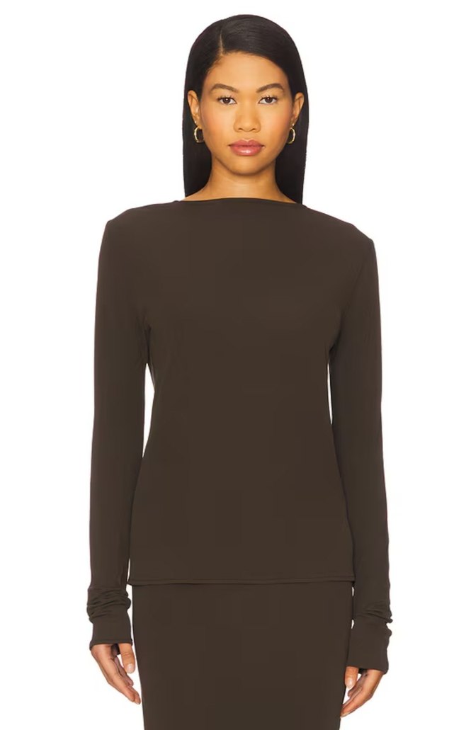 Uzun Kollu V Yaka Kahverengi Kadın Bluz - Görsel 4