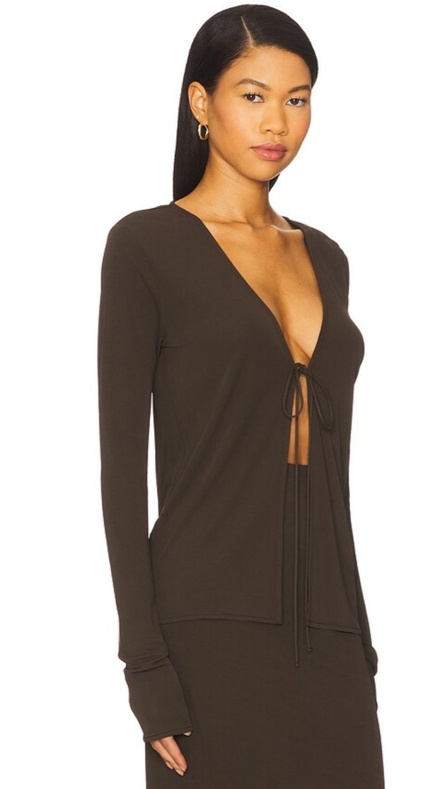 Uzun Kollu V Yaka Kahverengi Kadın Bluz - Görsel 3