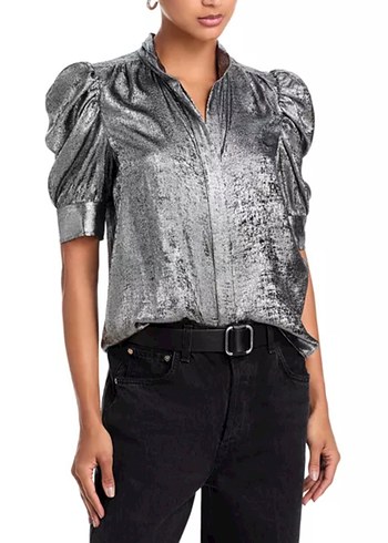 Gri Metalik Düğmeli Kısa Kollu Bluz - Görsel 2