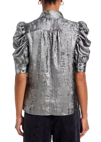 Gri Metalik Düğmeli Kısa Kollu Bluz - Görsel 6