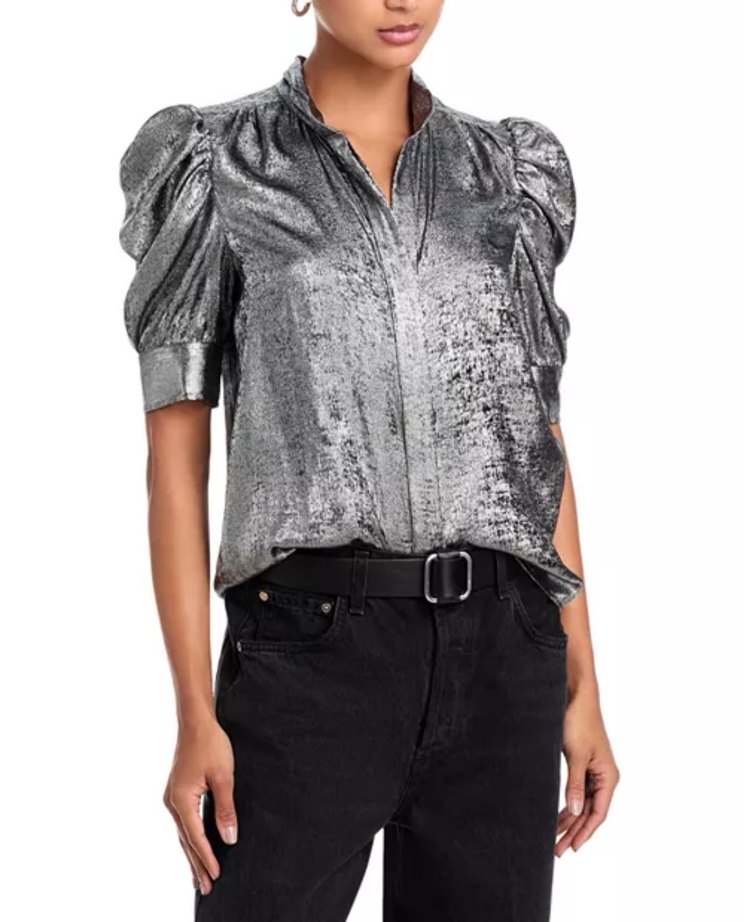 Gri Metalik Düğmeli Kısa Kollu Bluz - Görsel 2