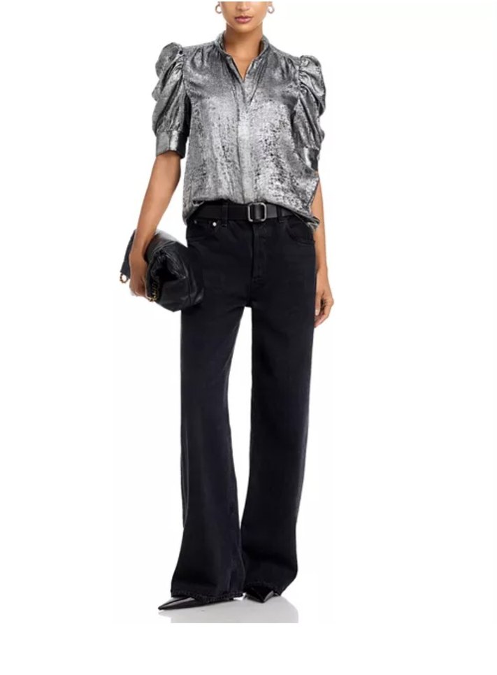 Gri Metalik Düğmeli Kısa Kollu Bluz - Görsel 3