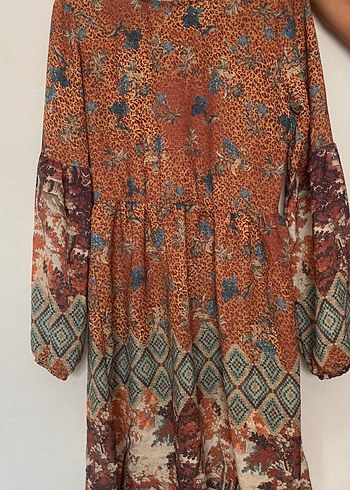 Bohem Uzun Kollu Kahverengi Fırfırlı Elbise - Görsel 2