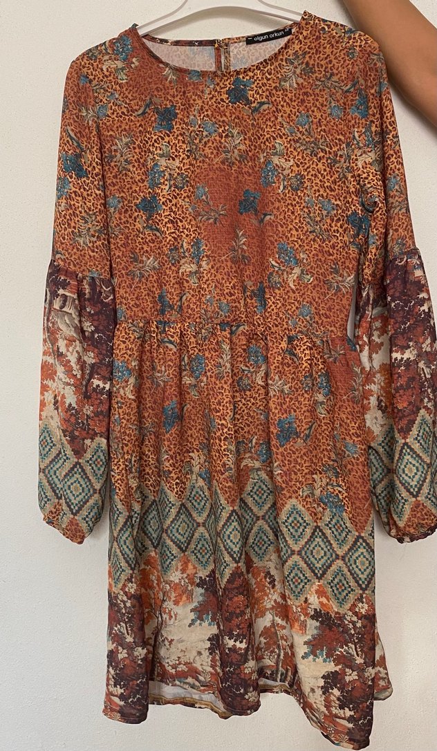 Bohem Uzun Kollu Kahverengi Fırfırlı Elbise - Görsel 2