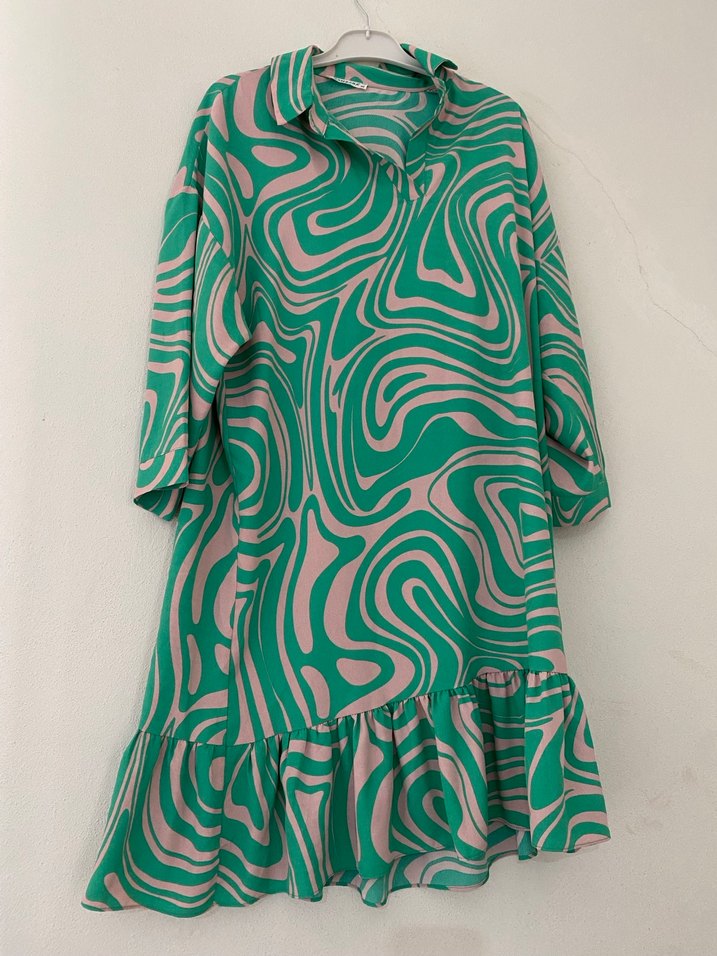 Yeşil Bağlama Desenli Uzun Bohem Elbise - Görsel 2