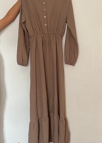 Bej Düğmeli Uzun Keten Elbise - Görsel 2