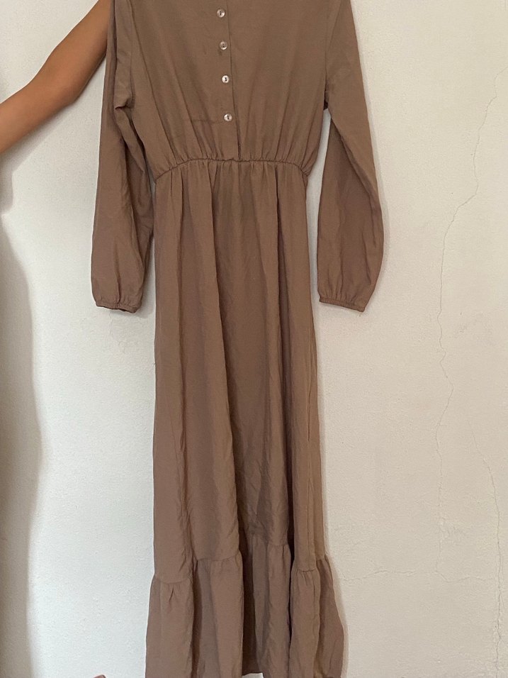 Bej Düğmeli Uzun Keten Elbise - Görsel 2