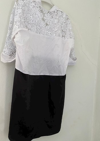 Kadın Siyah Beyaz Pamuklu Uzun Gömlek - Görsel 3