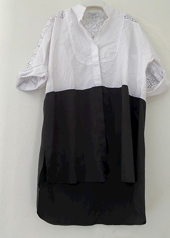 Kadın Siyah Beyaz Pamuklu Uzun Gömlek - Görsel 2