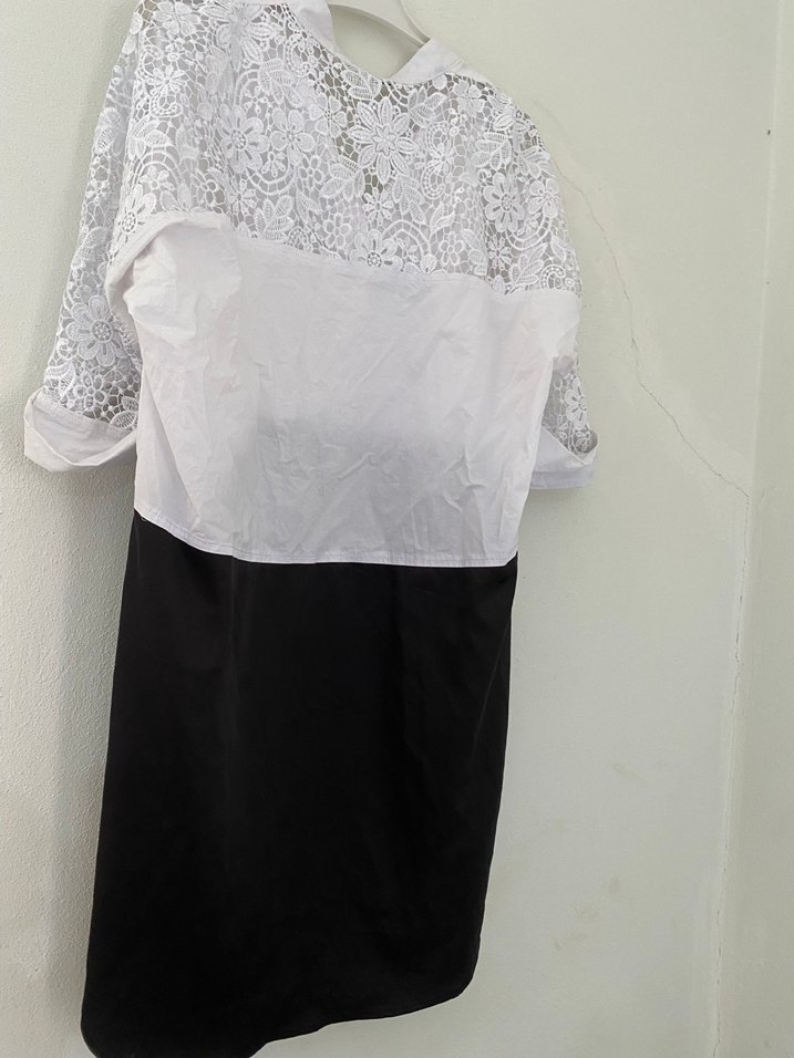 Kadın Siyah Beyaz Pamuklu Uzun Gömlek - Görsel 3