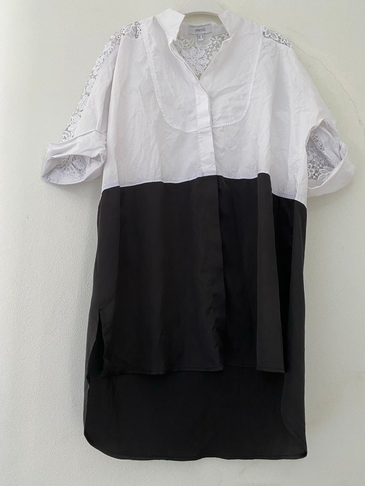 Kadın Siyah Beyaz Pamuklu Uzun Gömlek - Görsel 2