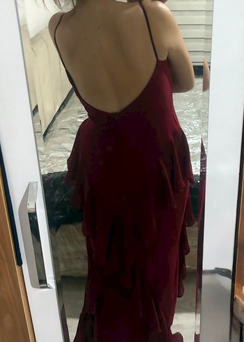 l Beden Bordo Uzun Volanlı Kadın Abiye Elbise