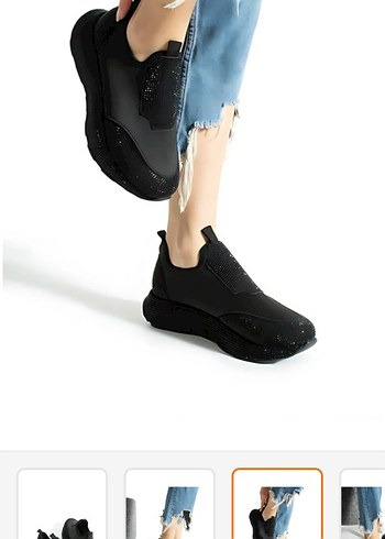 Kadın Siyah Simli  taşlıDolgu Topuk Spor Ayakkabı - Görsel 3