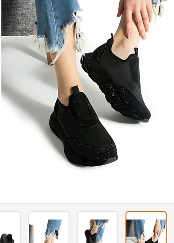 Kadın Siyah Simli  taşlıDolgu Topuk Spor Ayakkabı - Görsel 2