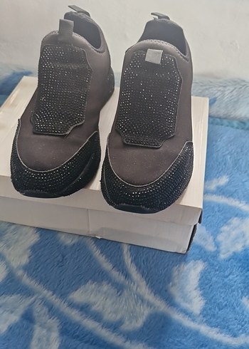 Kadın Siyah Simli  taşlıDolgu Topuk Spor Ayakkabı - Görsel 7