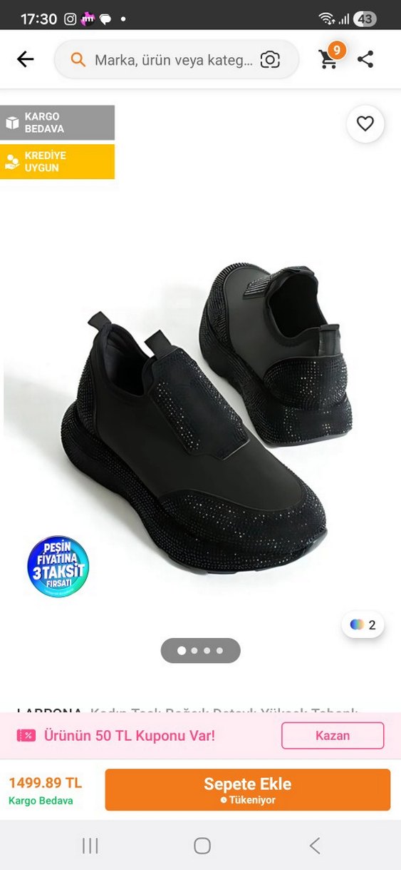 Kadın Siyah Simli  taşlıDolgu Topuk Spor Ayakkabı - Görsel 4