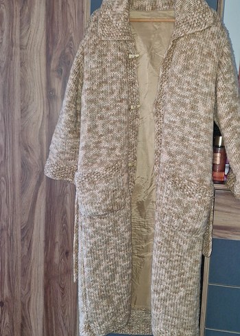 Uzun Bej Örgü Kadın Kaban el örgüüs - Görsel 6