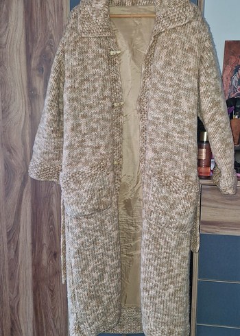 Uzun Bej Örgü Kadın Kaban el örgüüs - Görsel 7