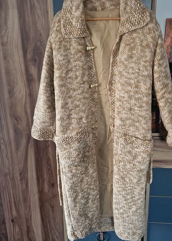 Uzun Bej Örgü Kadın Kaban el örgüüs - Görsel 2