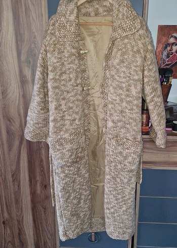 Uzun Bej Örgü Kadın Kaban el örgüüs - Görsel 3