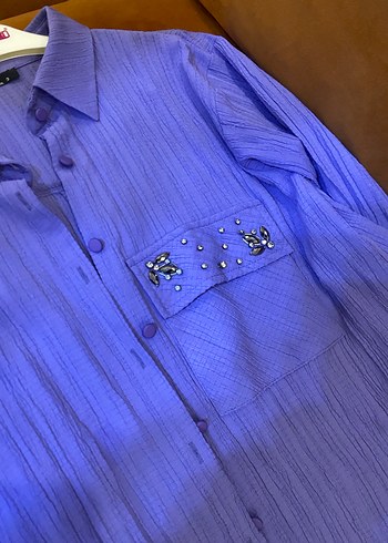 Uzun Kollu Mor Keten Kadın Gömlek - Görsel 2