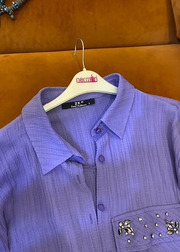 Uzun Kollu Mor Keten Kadın Gömlek - Görsel 3