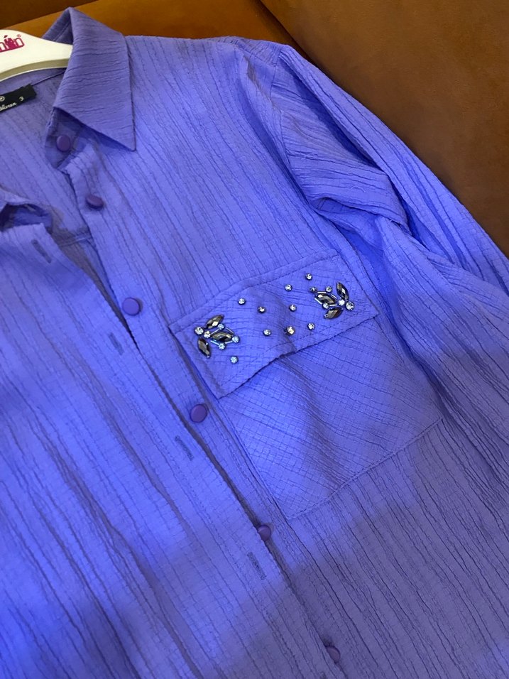 Uzun Kollu Mor Keten Kadın Gömlek - Görsel 2