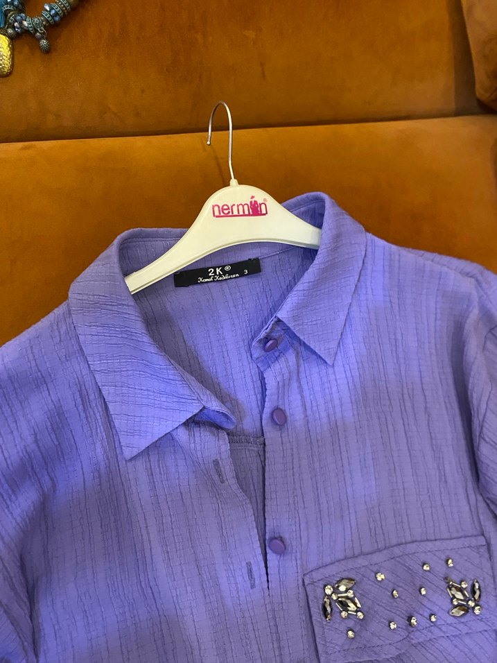 Uzun Kollu Mor Keten Kadın Gömlek - Görsel 3