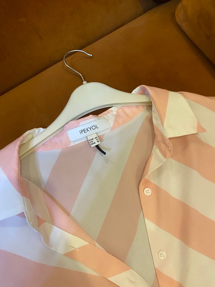 Pembe Çizgili Uzun Kollu Kadın Gömlek - Görsel 2