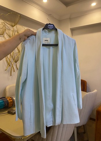 Mavi Midi Kadın Keten Blazer Ceket - Görsel 3