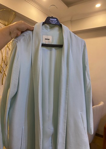 Mavi Midi Kadın Keten Blazer Ceket - Görsel 2