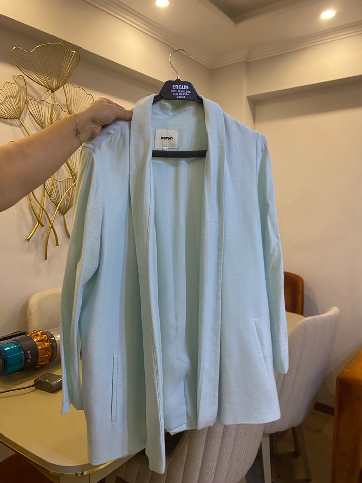 Mavi Midi Kadın Keten Blazer Ceket - Görsel 3