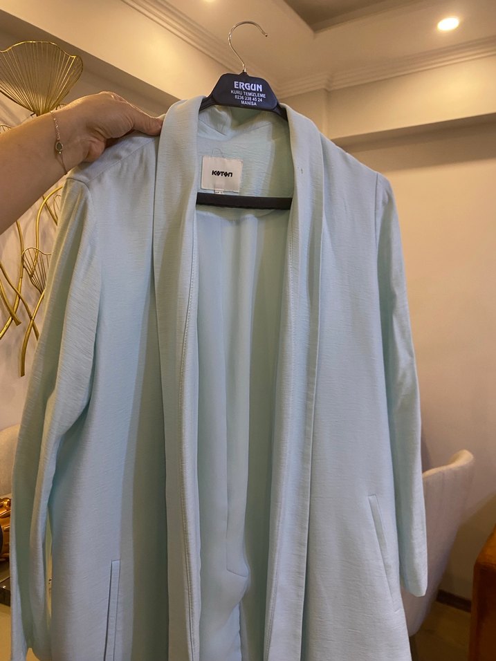 Mavi Midi Kadın Keten Blazer Ceket - Görsel 2