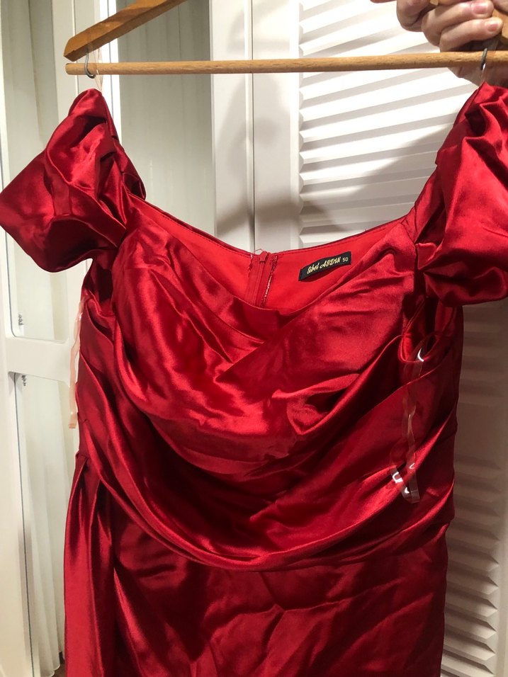 Kırmızı Drapeli Uzun Abiye Elbise - Görsel 2