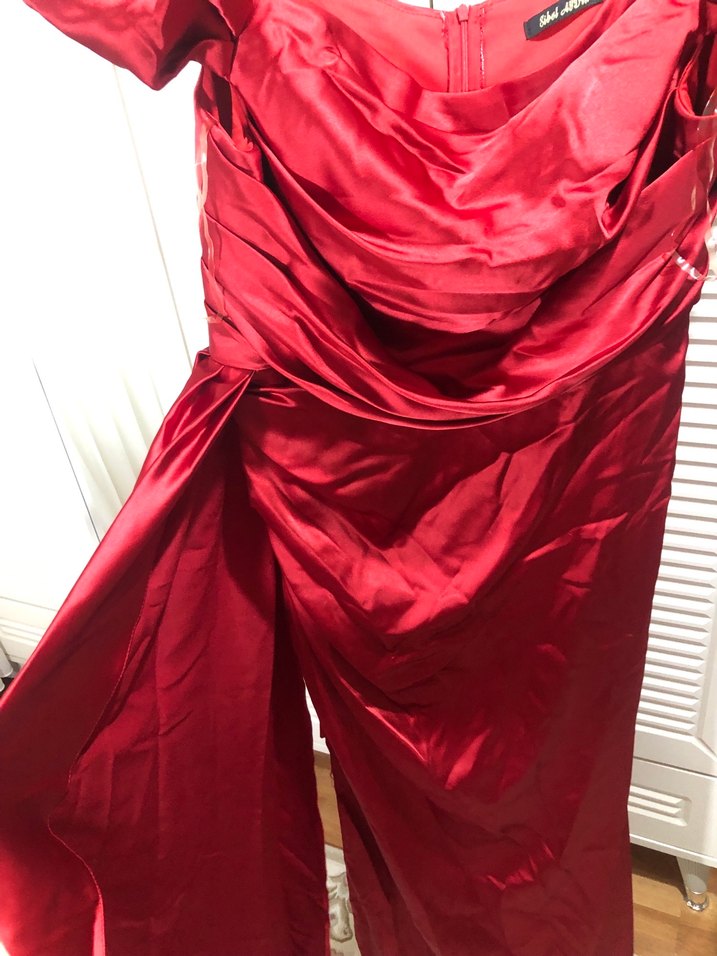 Kırmızı Drapeli Uzun Abiye Elbise - Görsel 4