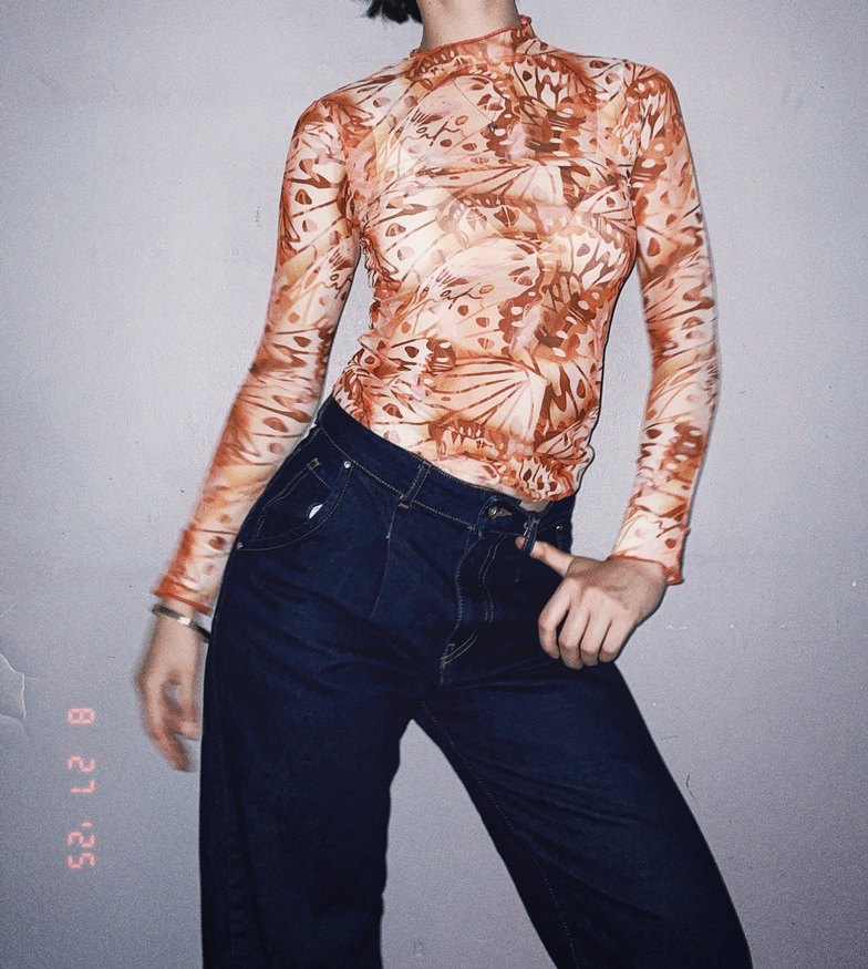 Vintage Soyut Kelebek Desenli File Bluz - Görsel 2