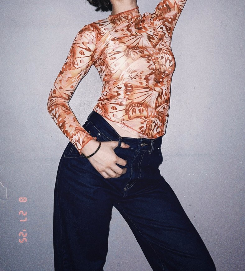 Vintage Soyut Kelebek Desenli File Bluz - Görsel 3