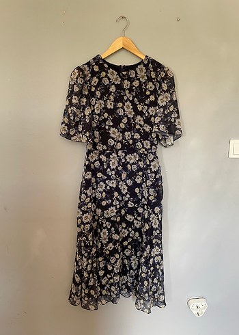 Lacivert Çiçek Desenli Midi Elbise - Görsel 4