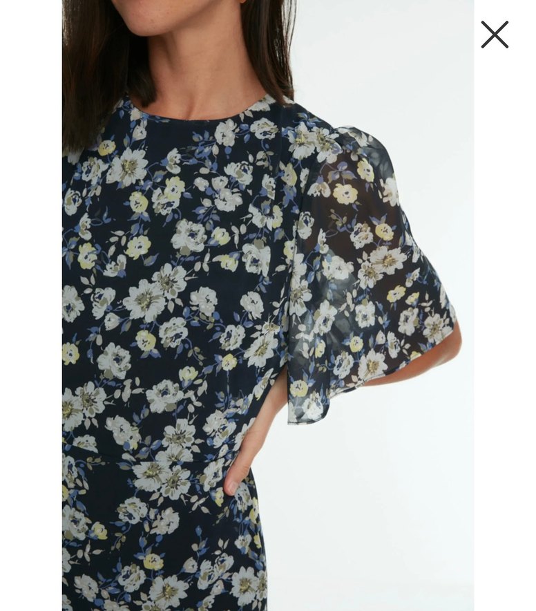 Lacivert Çiçek Desenli Midi Elbise - Görsel 3