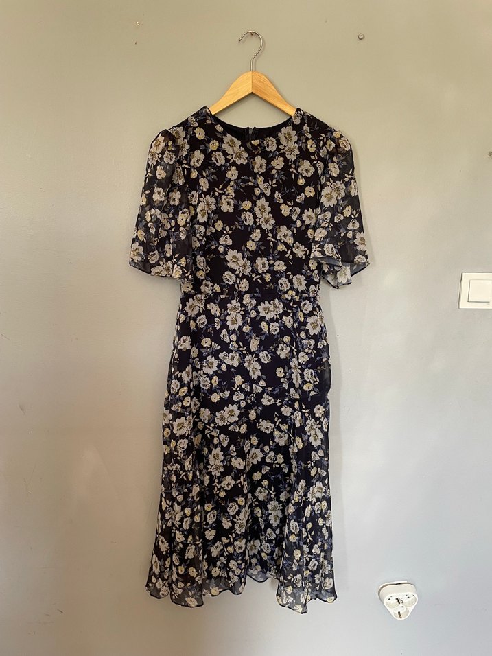 Lacivert Çiçek Desenli Midi Elbise - Görsel 4