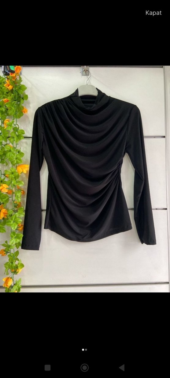 Drapeli Yüksek Yakalı Kadın Bluz - Görsel 2