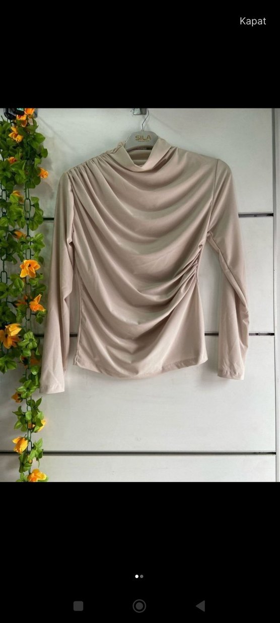 Drapeli Yüksek Yakalı Kadın Bluz - Görsel 3