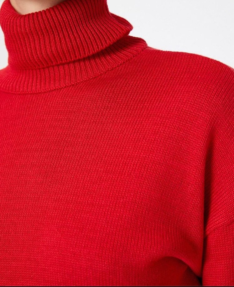 Kırmızı Boğazlı Örgü Kadın Kazak - Görsel 2