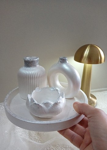 Beyaz Dekoratif Mumluk ve Vazo 4lü Seti - Görsel 4