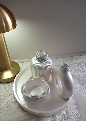 Beyaz Dekoratif Mumluk ve Vazo 4lü Seti - Görsel 3