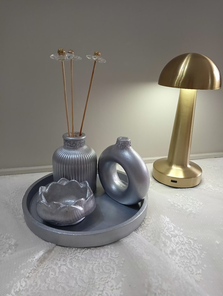 Gri Dekoratif Mumluk ve vazo 4 lü Set - Görsel 2