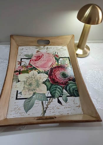 Çiçek Desenli Ahşap Tepsi - Görsel 2