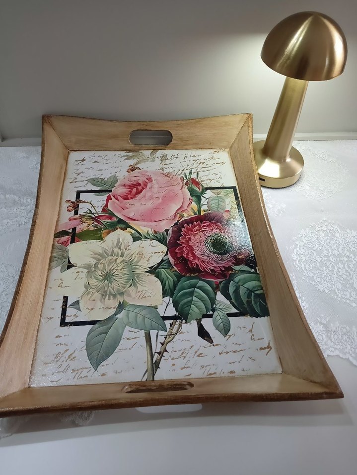 Çiçek Desenli Ahşap Tepsi - Görsel 2