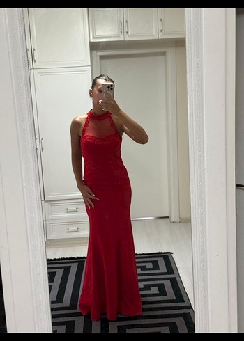 m Beden kırmızı Renk Kırmızı Dantelli Uzun Abiye Elbise