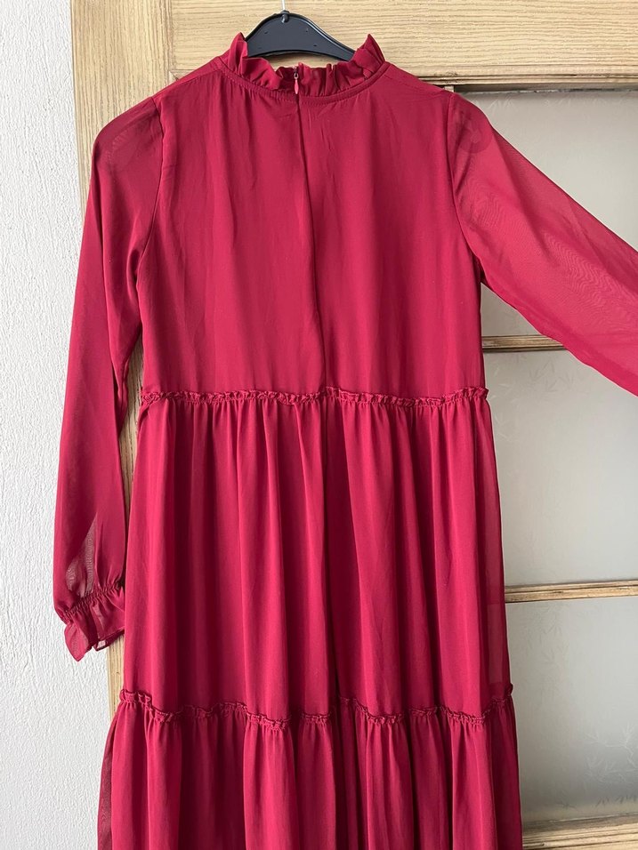 Bordo Uzun Bohem Fırfırlı Elbise - Görsel 2